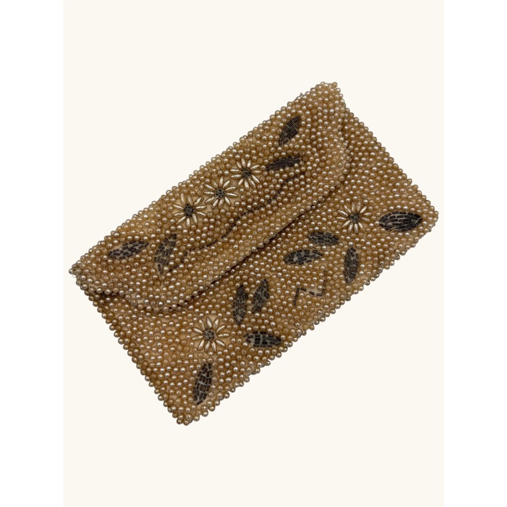 Vintage Beaded Faux Pearl Envelope Clutch Bag Floral Hand Made in Japan Cream
